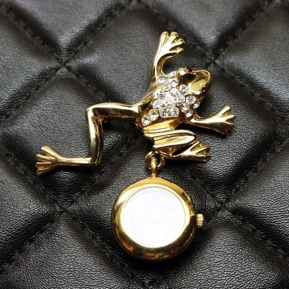 Vintage Bonetto Crystal Frog Watch Brooch